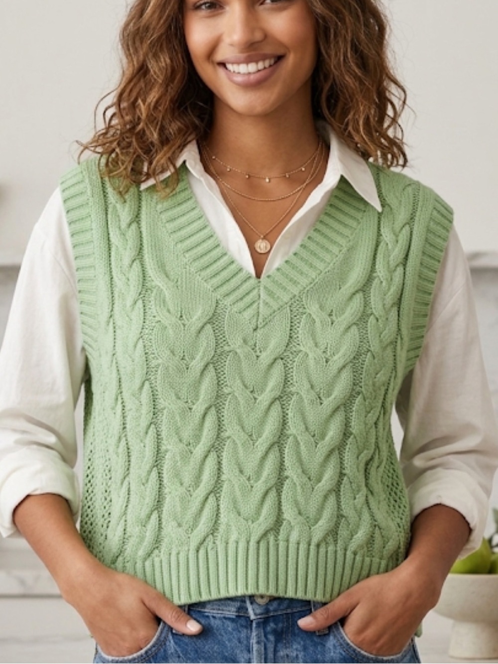 Altar’d state! Cable Knit V-Neck Sweater Vest in pistachio! M